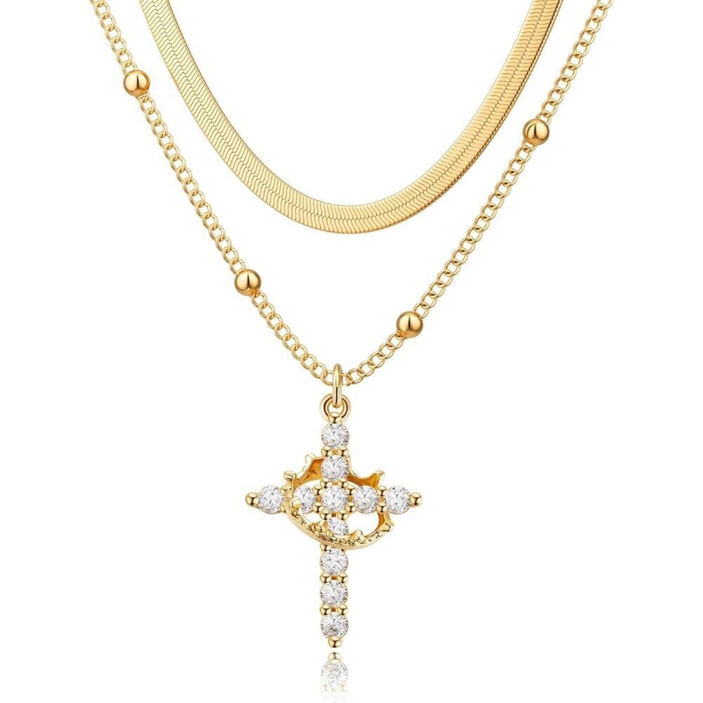Perfect Gifts Women's Crown Chain Set Cross Necklace Gold Plated Faith Jewelry
